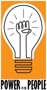 Stylized lightbulb with raised fist symbolizing energy independence and solar power adoption in Arizona